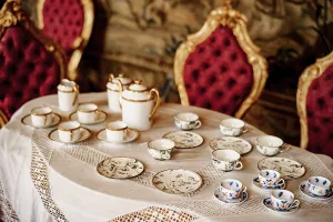Empty Apartment Interior Prints: A tea set with a blue pattern