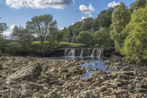 Rural England Landscape Photo Prints: View of cliffs, river and waterfall below limestone cliffs