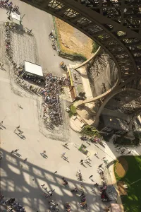 Paris Tourist Attraction Prints: Top view of visitors standing in a queue under the Eiffel Tower