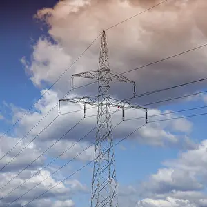 Cloudy Evening Sky View Prints: Power lines at sunset cloudy sky