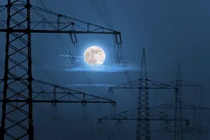 Electric Power Supply Lines Prints: Power masts in the moonlight