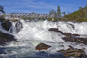 Western Norway Landscape Prints: Powerful waterfall with a bridge over it