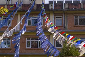 Tibetan Buddhism Flag Prints: Prayer flags in front of a facade
