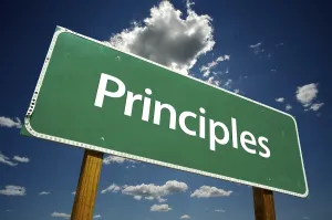 Dramatic Clouds Prints: Principles road sign with dramatic clouds and sky