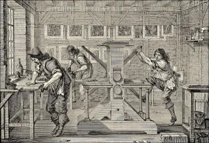Old Print Shop Equipment Prints: A printer for copperplate engravings in the 17th century