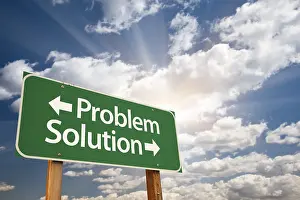 Symbolic Picture Meaning Prints: Problem and solution green road sign with dramatic clouds and sky