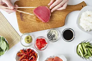 Asian Food Photography Prints: The process of preparing sushi