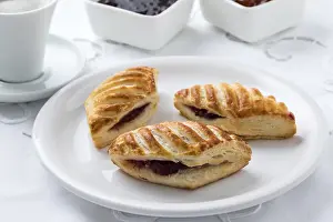 Breakfast Table Setup Prints: Puff pastry with jam on breakfast table