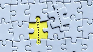 Copy Space For Text Overlay Prints: Puzzle with a piece that transforms impossible to possible against a yellow background