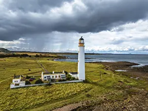 Cloudy Weather UK Prints: Rain Clouds over Barns Ness Lighthouse from a drone