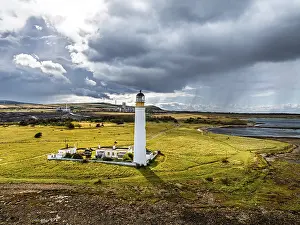 British Lighthouse Prints: Rain Clouds over Barns Ness Lighthouse from a drone