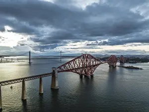 UNESCO World Heritage Site Scotland Prints: Rain clouds over Forth Bridge from a drone