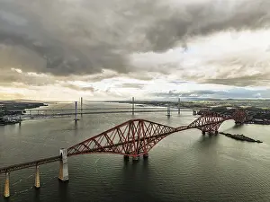 Firth Of Forth Waterfront Photography Prints: Rain clouds over Forth Bridge from a drone