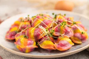 Rainbow Dumplings Prints: Rainbow colored dumplings with pepper