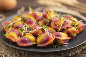 Dumpling Nutrition Facts Prints: Rainbow colored dumplings with pepper
