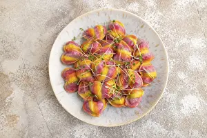 Rainbow Dumplings Prints: Rainbow colored dumplings with pepper