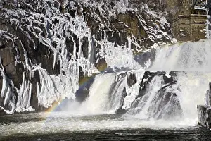 Deserted Waterfall Landscape Prints: Rainbow on a dam, cascade in winter