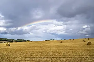 Prismatic Colors Europe Prints: Rainbow over Straw bales, Scottish fields