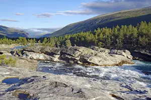 Atmospheric Evening Light Norway Prints: Rapids, rocks and forest in the evening light