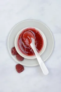 Sweet Dessert Spread Prints: Raspberry sauce, raspberry jam in bowl with spoon