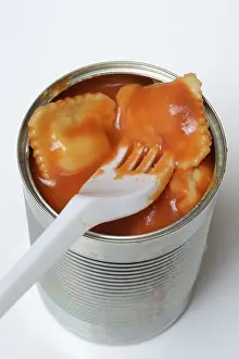 Disposable Tableware Prints: Ravioli in tin and plastic fork
