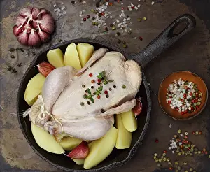 Prints of Raw whole farm chicken with potatoes, garlic, thyme and spices (peppers and large salt) is ready for baking in a cast iron pan. Selective focus Chickens Prints: Raw Whole Farm Chicken with Potatoes Print