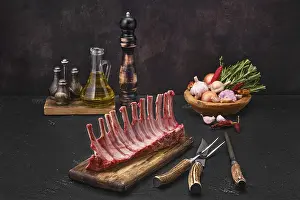 Lamb Meat Prints: Raw fresh rack of lamb on kitchen table