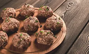 Gourmet Meat Dish Prints: Raw meatballs, with micro greenery