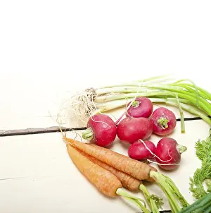 Vegan Diet Inspiration Prints: Raw root vegetable on a rustic white wood table