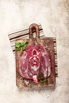 Butcher Shop Products Prints: Raw steak, veal neck on the bone