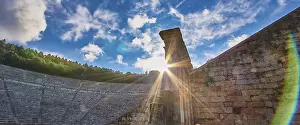 Peloponnese Greece Tourism Prints: Rays of sun over ancient ruins