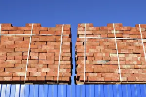 Urban Architecture Images Prints: Red bricks stacked into cubes. Warehouse bricks