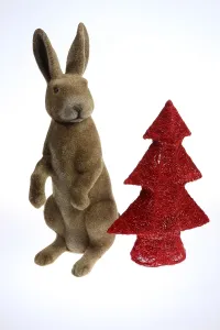 Holiday Decorations Prints: Red Christmas tree with a brown Easter bunny