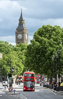 London Landmark Prints: Red double decker bus, Big Ben at the back
