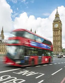Prints of Red double-decker bus on the Westminster Bridge, motion blur, Westminster Palace and Big Ben, London, England, Great Britain Westminster Bridge Prints: Red Double-Decker Bus Print on Westminster Bridge, London