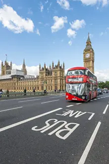 Prints of Red double-decker bus on the Westminster Bridge, Westminster Palace and Big Ben, London, England, Great Britain Westminster Prints: Red Double-Decker Bus Print, London Landmark Scene