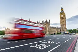 Prints of Red double-decker bus on the Westminster Bridge, motion blur, Westminster Palace and Big Ben, London, England, Great Britain Westminster Bridge Prints: Red Double-Decker Bus Print on Westminster Bridge, London