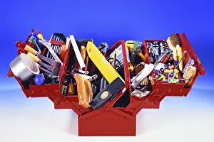 Red Toolbox Prints: A red toolbox with tools, hammer