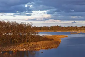 Wetland Biotope Germany Prints: Reflecting river with reed vegetation in the soft light of a dramatic sunset