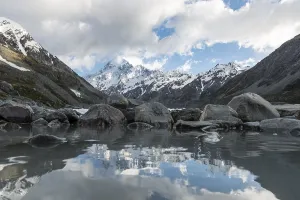 New Zealand Landscape Prints: Reflection on the shore of Hooker Lake