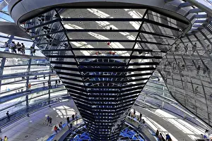 German Travel Photography Prints: Reflections in a modern glass structure with visitors inside