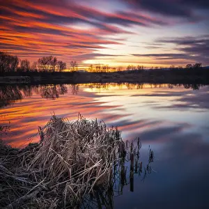 Travel Photography Evening Sky Prints: Reflections of sunset at the lake