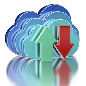 Digital Data Backup Prints: Remote database cloud computing technology storage upload download concept