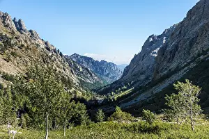 Mountain Range Scenery Photos Prints: Restonica river flowing at its source through mountain valley