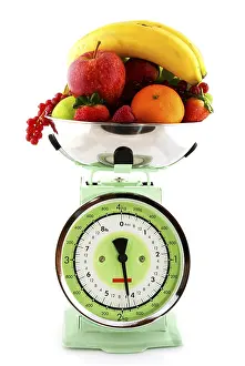 Old Fashioned Measuring Tool Prints: Retro kitchen scale with a diversity of fruit