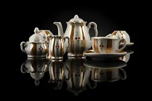Dark Colored Background Food Prints: Retro tea set with reflection on black background