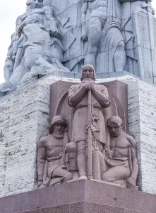Prints of Riga Latvia, The Freedom Monument in Riga, Latvia, bears the Latvian inscription Tevzemei un Brivibai (For Fatherland and Freedom) Latvia Prints: The Freedom Monument Print, Riga Latvia