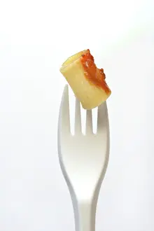 Tomato Sauce Pasta Dish Prints: Rigatoni, pasta on plastic fork