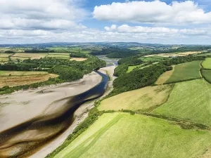 Prints of River Emme and Red Cove from a drone, Mothecombe, Plymouth, South Devon, England, United Kingdom Plymouth Prints: River Emme and Red Cove Print, Mothecombe, South Devon