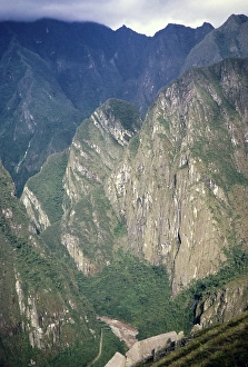 Inca Ruins Complex Peru Prints: River gorge and mountain peak of Machu Picchu